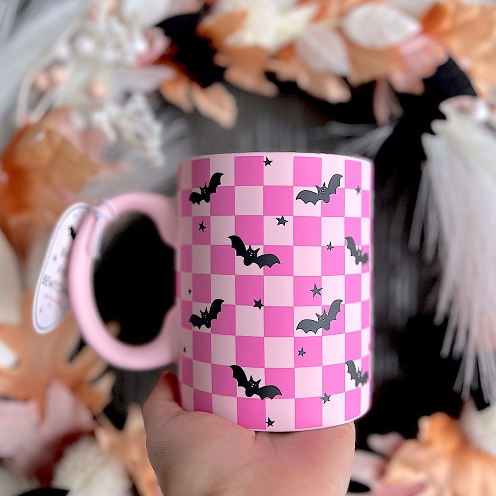 ✨NEW🦇Sunday Morning Ceramics Pink Soft Touch Checkered and Bats Pattern Mug🩷